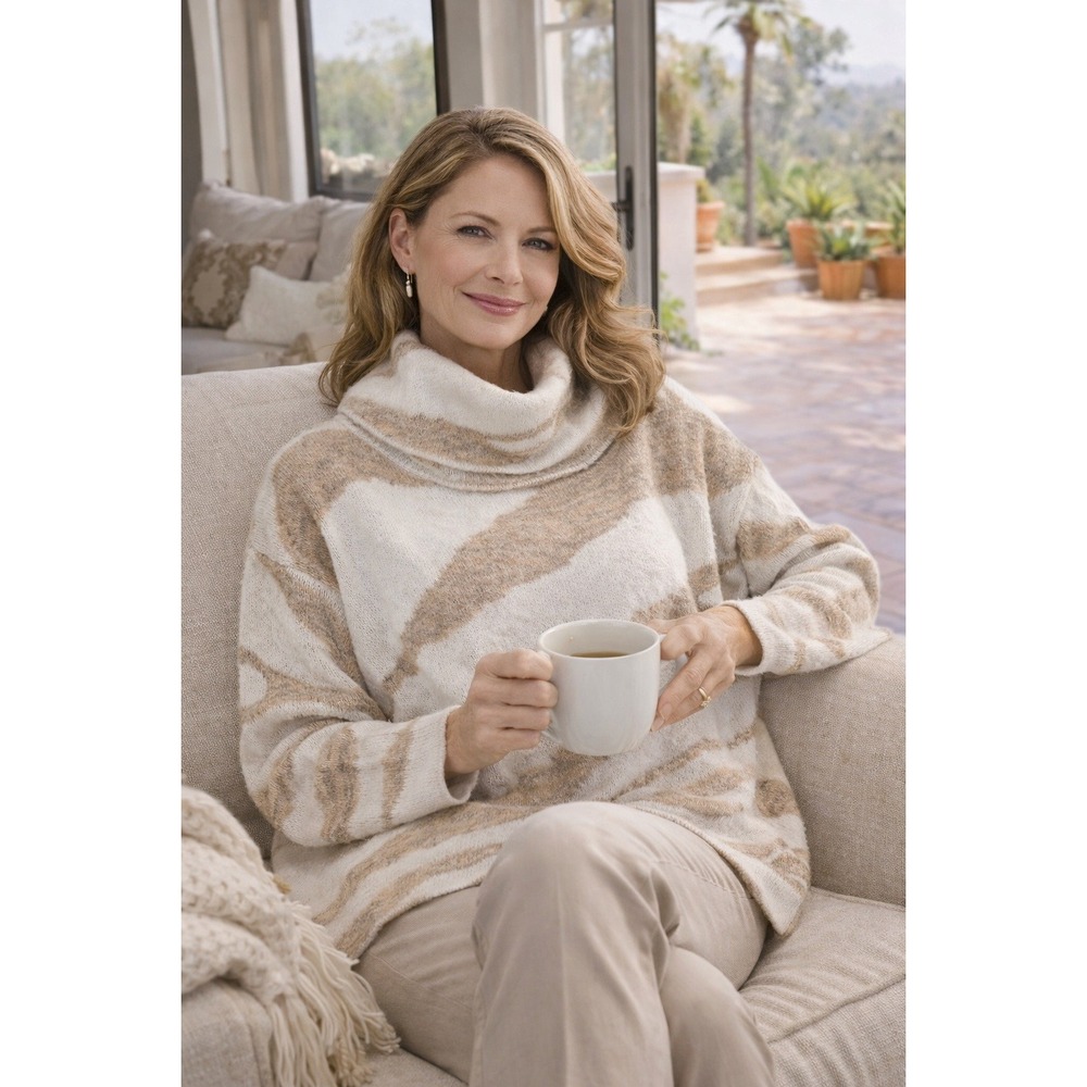 Chunky Thick Knit Pullover Tan Cream Zebra Animal Soft Turtleneck M Sweater